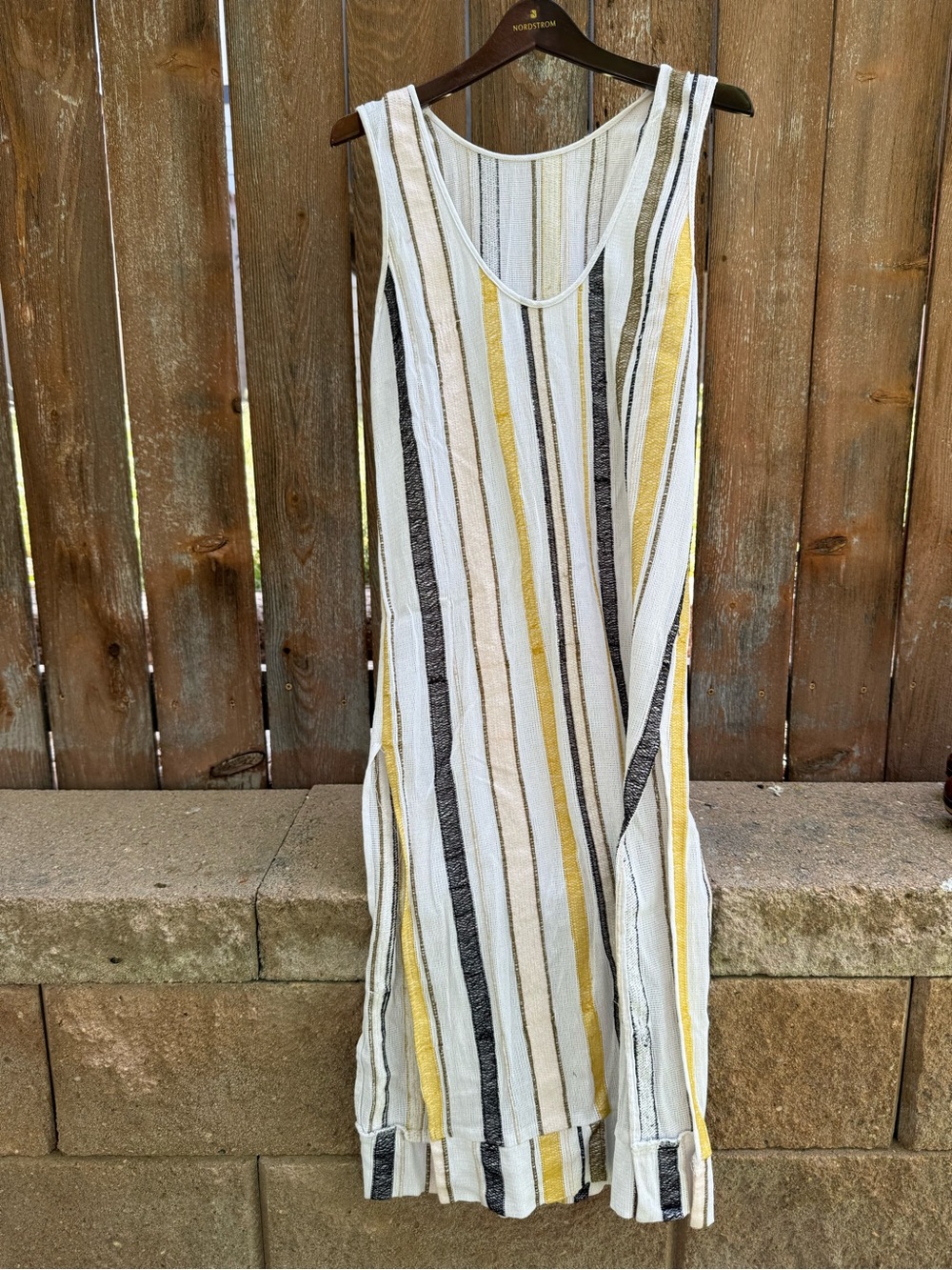 Women’s White Navy Gold Hand Knit Striped Sheer Sleeveless Dress Medium
